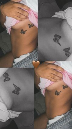 four different pictures of a woman's stomach with butterflies on it