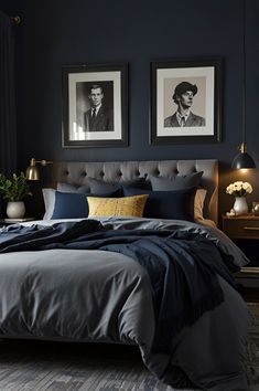 a bedroom with two framed pictures on the wall and a bed in front of it