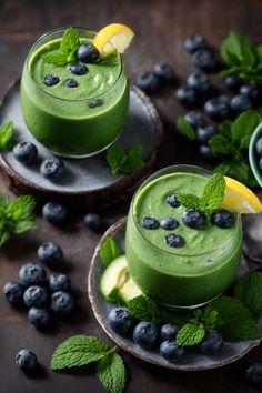 two glasses filled with green smoothie and blueberries