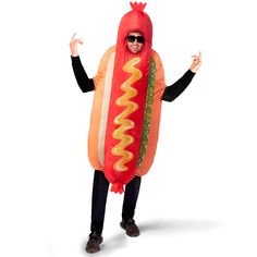 a man dressed as a hot dog with mustard and ketchup