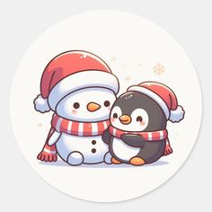 a cartoon penguin with a snowman on his lap, sitting next to each other