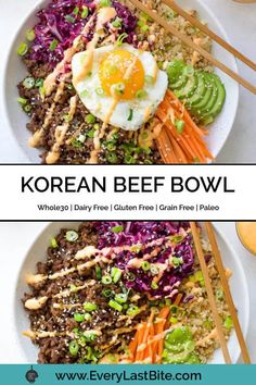 korean beef bowl with carrots, lettuce and avocado on the side