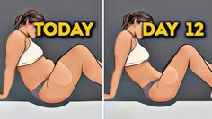 two pictures of a woman laying on the bed with her stomach exposed and showing how to get rid from it