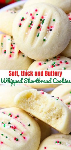 easy whipped shortbread cookies recipe with white frosting and colorful sprinkles