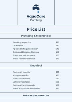 the price list for aquacare plumbing's plumber and mechanical services in lakewood, ca