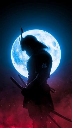 the silhouette of a person holding two skis in front of a blue and red moon