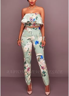 Floral Print Ruffle Off the Shoulder Backless Fashion Women Two Piece Set | www.babyonlinewholesale.com Chique Outfit, African Fashion Ankara, African Fashion Modern, Classy Dress Outfits, Print Pants