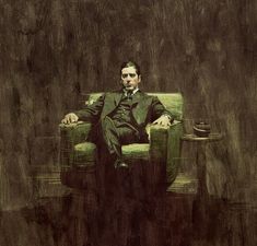 a painting of a man in a suit sitting on a green chair with his legs crossed