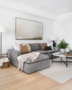 a living room filled with furniture and a painting on the wall