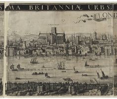 an old drawing of a city with tall buildings and boats on the water in front of it