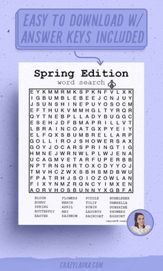 the spring word search is displayed on a piece of paper with an image of a woman's face