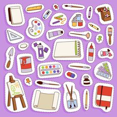 a collection of arts and crafts stickers on a purple background