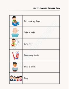 a worksheet for children to learn how to use bedtime words and pictures