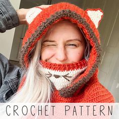 a woman wearing a crochet fox hat and scarf with the words crochet pattern on it