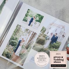 the wedding album is open to show photos