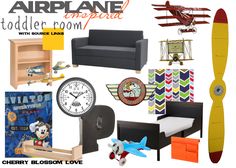 an airplane themed room with toys, books, and other things to make it look like a kid's bedroom