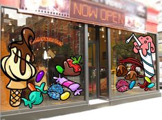 an image of a store window with cartoon characters on it