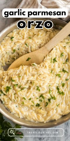 a bowl filled with garlic parmesan orzo