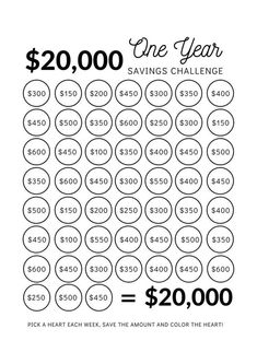 the $ 20, 000 one year savings challenge is shown in black and white on a white background