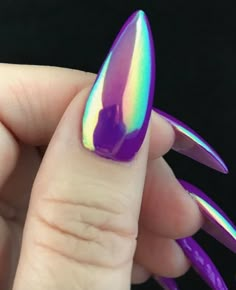 Chrome Coffin, Purple Holographic, Chrome Nails Designs, Super Nails, Metallic Nails, Ideas Nails, Popular Nails, Holographic Nails, Nail Games