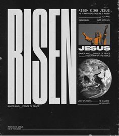 an advertisement for jesus's book, featuring the image of jesus with his hands up