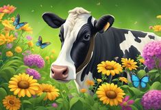 a black and white cow standing in a field of flowers with butterflies flying around it