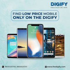 four different cell phones are shown with the text, find low price mobile only on the digify