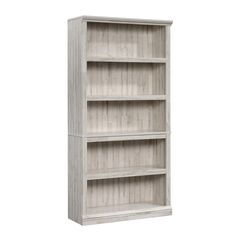 a white bookcase with three shelves on each side