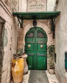 a green door in an alley way with potted plants