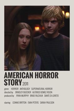 the poster for american horror story 2011 is shown in front of a young man and woman