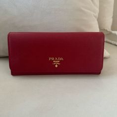 New! Prada Prada Continental Leather Wallet, This Beautiful Red Prada Continental Leather Wallet Is Brand New And Has Never Been Used Or Carried. Please Refer To The Pictures For All Details On This Wallet. Red Clutch Wallet For Formal Occasions, Red Bifold Evening Bag, Elegant Red Wallet For Business, Elegant Red Wallets For Business, Red Evening Wallet With Card Slots, Red Evening Wallet, Red Formal Clutch With Card Slots, Red Formal Clutch Wallet, Designer Red Evening Wallet