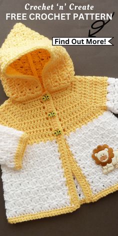 a crocheted baby coat with a monkey on the front and an embroidered button in the back