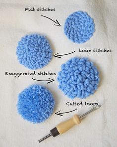 three crocheted balls and a needle on a white cloth with words describing how to use them