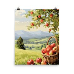 a painting of apples in a basket on a tree with mountains in the background and green grass