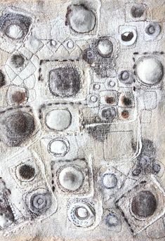 an abstract painting with circles and squares in grey, black and white colors on fabric