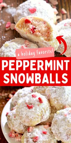 peppermint snowballs on a plate with text overlay