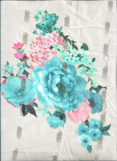 a bouquet of flowers on a white background with blue and pink colors in the middle