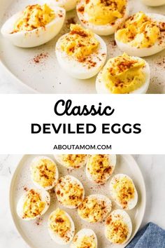 deviled eggs on a white plate with the words classic deviled eggs