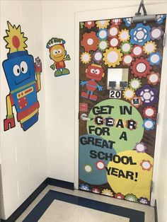 a door decorated with cartoon characters and the words get in gear for a great school year