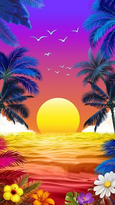 the sun is setting over the ocean with palm trees and flowers in front of it