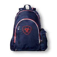 a blue backpack with an orange logo on the front and side pocket, sitting against a white background