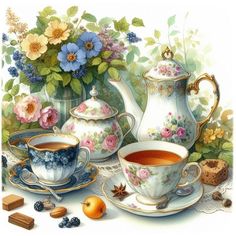 a painting of tea and cookies on a table