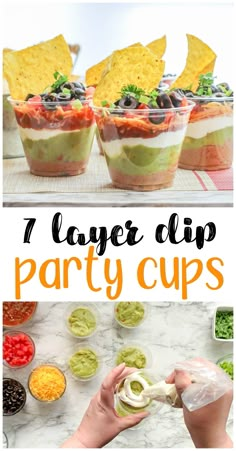 layered dip party cups with chips and guacamole