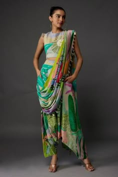 Multicolour pre-draped pant saree with all over abstract print and tassel detail. Comes with matching blouse. - Aza Fashions Draping Saree Style, Saree With Pants, Abstract Outfits, Day Wedding Outfit, Pant Saree, Modern Drape, Dhoti Saree, Payal Singhal, Drape Pants