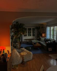 a living room filled with furniture and a large window next to a wooden floor covered in plants