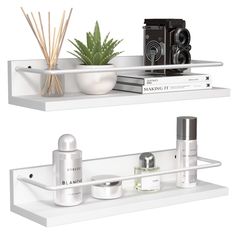 two white shelves with various items on them