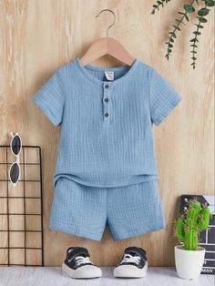 Baby Boy Half Button Top & Shorts Dusty Blue     Plain  Non-Stretch  Baby Boys Clothing, size features are:Bust: ,Length: ,Sleeve Length: Boys Shorts Outfit, Formal Boys Outfit, Stylish Baby Boy Outfits, Stylish Baby Boy, Boys Winter Clothes, Baby Boy Winter Outfits, Baby Boy Dress, Stylish Maternity Outfits