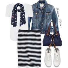 103 by tatiana-vieira on Polyvore featuring H&M, J.Crew, Vans and Liz Claiborne Casual Dinner Party Outfit, Blue Jean Jacket, Striped Skirt, Looks Chic, Fashion Over 50, Blue Jean, Outfits Casuales, Primavera Estate