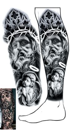 an image of the foot with tattoos on it, and two pictures of jesus's feet