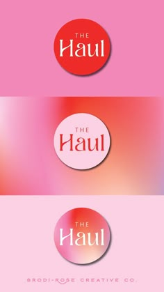 three different logos for the hauu brand on pink and red background with white lettering